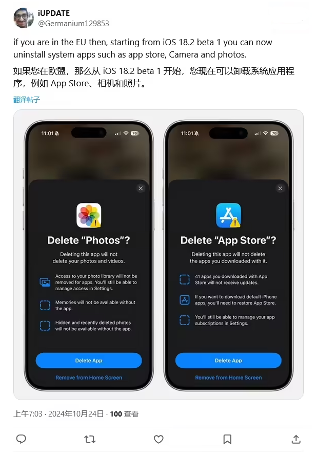 申扎苹果手机维修分享iOS 18.2 支持删除 App Store 应用商店 